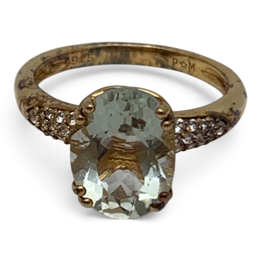 Sterling Silver Ring With Clear & Green Stones: Sterling Silver Gold Tone Ring Featuring Clear Stones Down The Band An Oval Cut Clear Green StoneMarked: 925 - Size 7 - 3.4 Grams