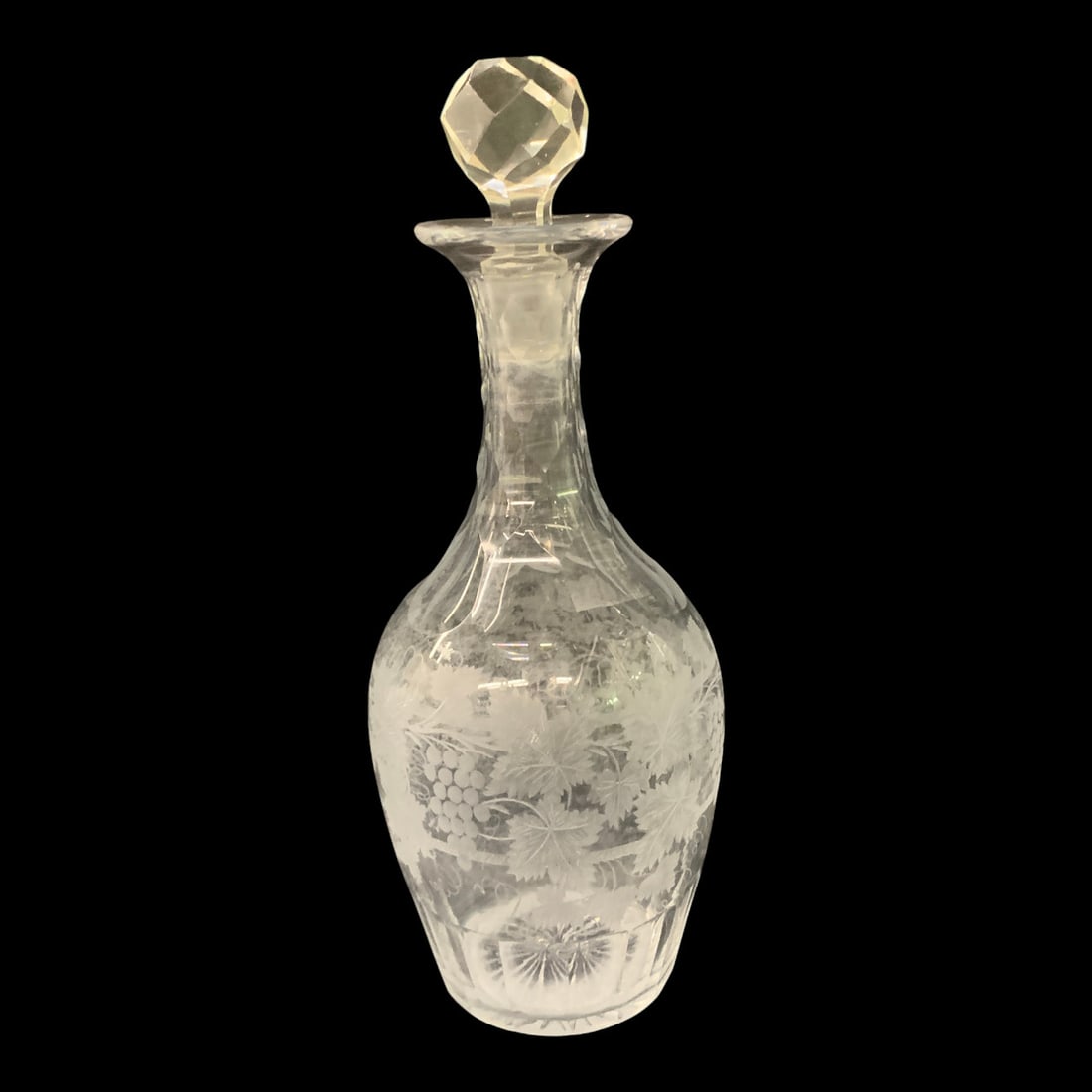 Antique Cut Glass Decanter: Antique Cut Glass Decanter With A Glass Stopper Featuring An Engraved Grape Vine And Leaf Motif10" Tall