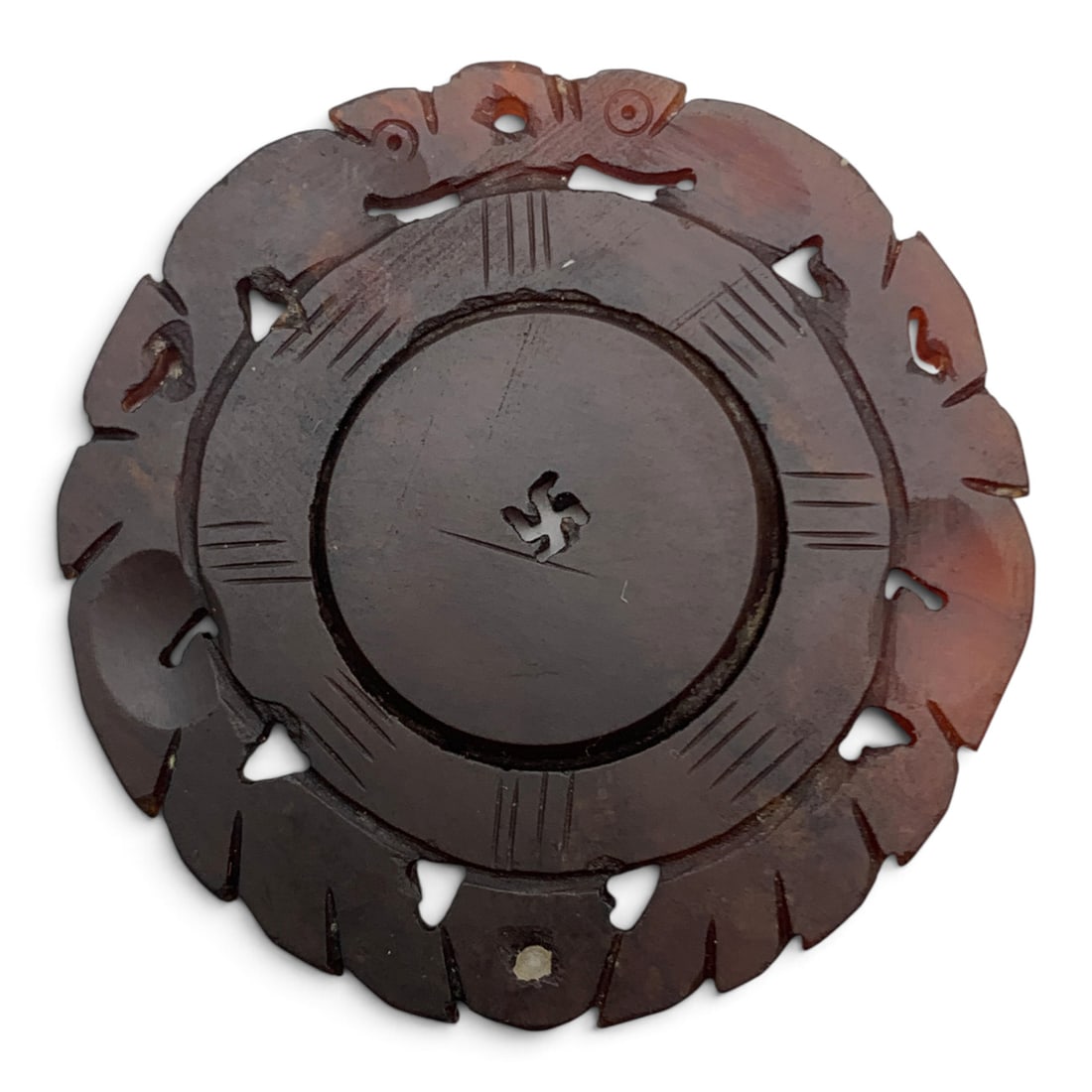 Vintage Carved Brown Hard Stone Circular Pendant: Vintage Green Hard Stone Circular Pendant Featuring Intricate Open Work Designs 2" Long