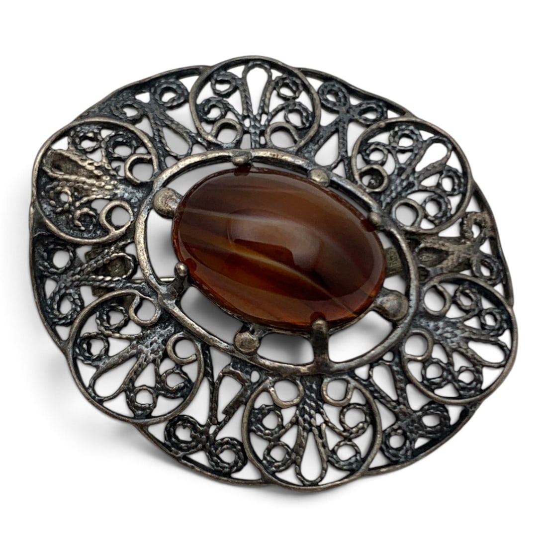 Silver Filigree And Agate Stone Pin: Vintage Silver & Agate Stone Pin Featuring A Intricate Filigree Open Work Design Tests Silver - 1 3/8" Long - 5.9 Grams