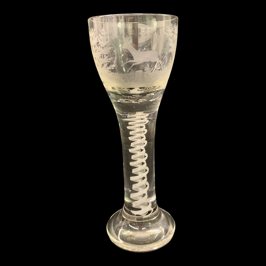Vintage Josephinenhutte Crystal Goblet: Vintage Josephinenhutte Crystal Goblet Featuring A Detailed Wildlife Engraving Of A Stagin A Forest And An Intricate Internal Opaque Twist Stem Design 10 7/8" Tall