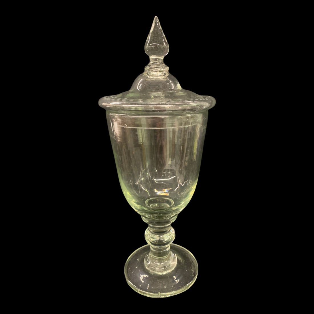 Antique Stiegel-type Footed Covered Jar: Antique Stiegel-type Clear Glass Footed Jar With A Clear Glass Lid With A Pointed Finial 14" Tall