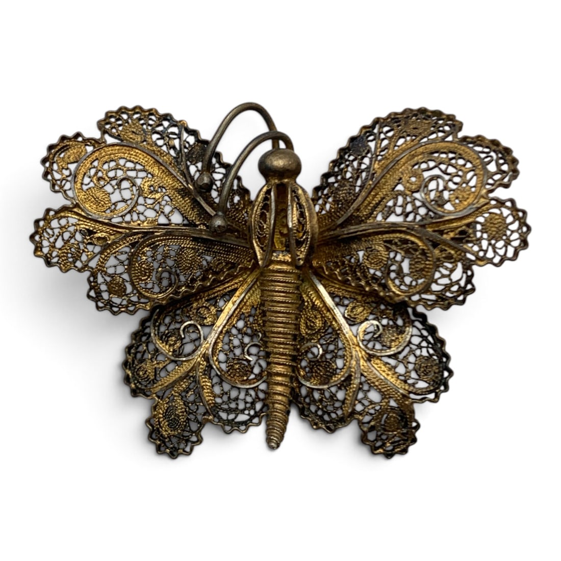 Portugal Sterling Gold Tone Filigree Butterfly Pin: Vintage Portuguese Sterling Silver Butterfly Pin With A Filigree Open Work DesignMarked: Portugal, Sterling Silver - 1 3/4" Long - 8.1 Grams