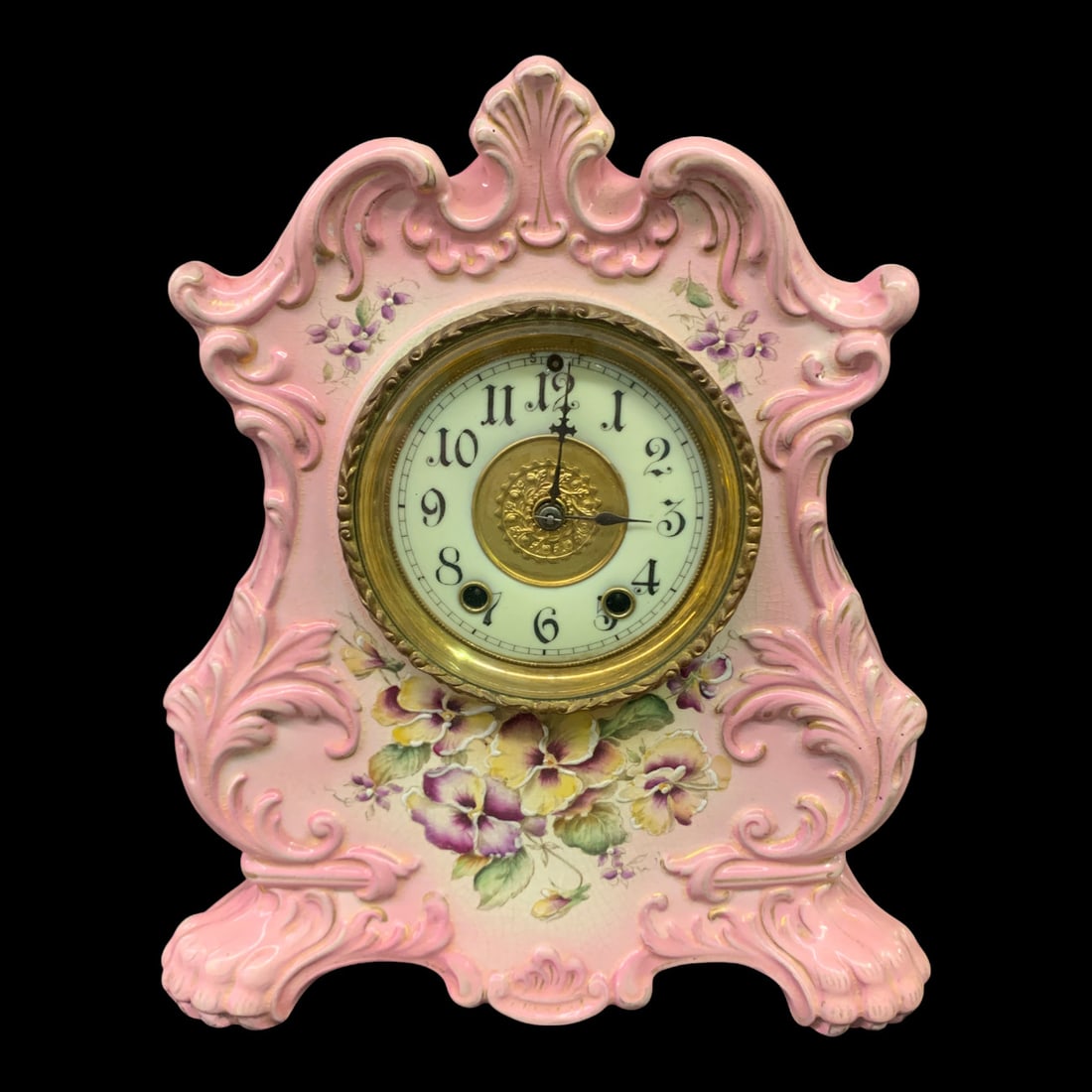 Antique Waterbury Parlor #9 Porcelain Mantle Clock: Antique Waterbury Parlor #9 Porcelain Mantle Clock Featuring A Pink Porcelain Case With Hand Painted Floral Motifs 11 1/8" TallIncludes Key