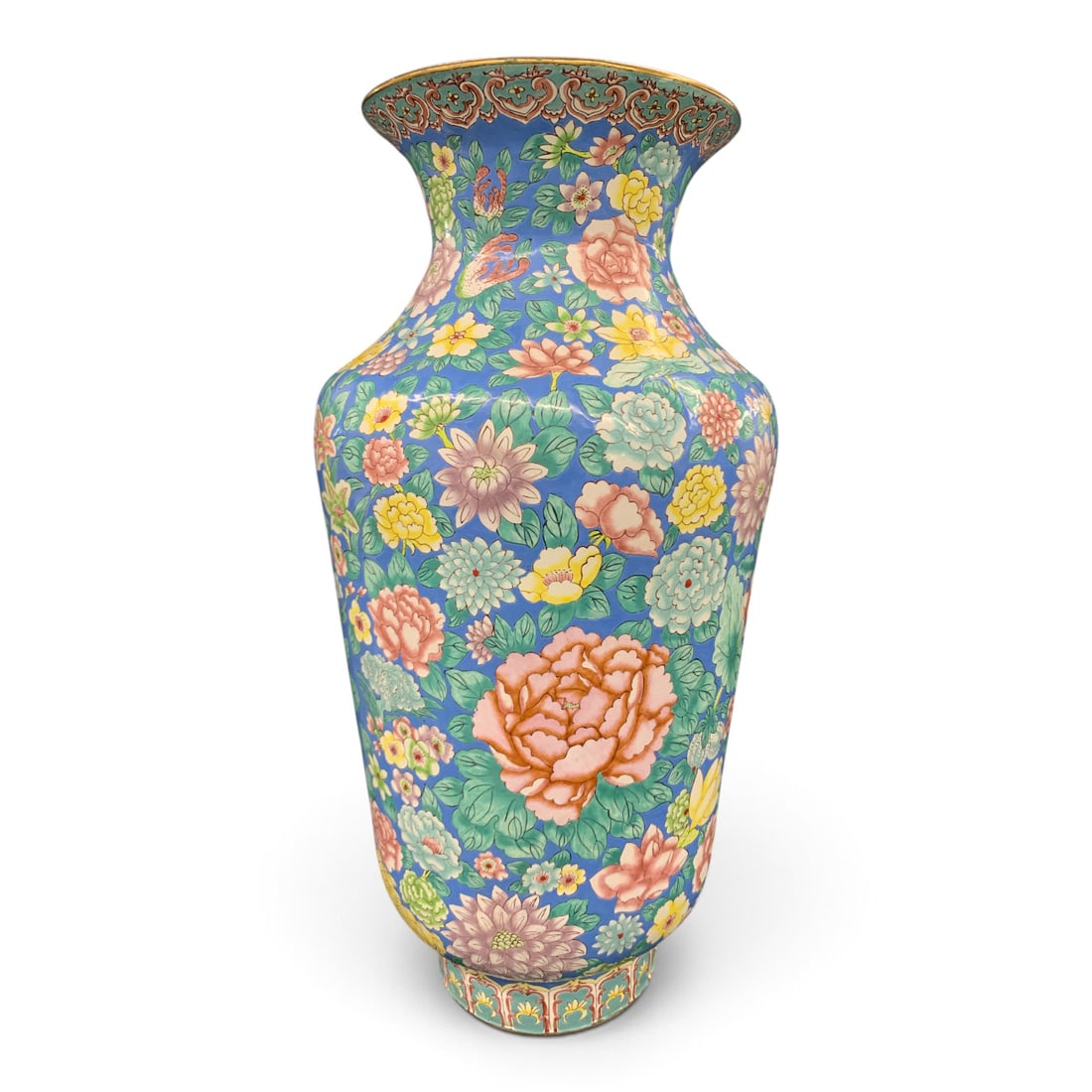 Vintage Chinese Enamel On Metal Vase: Vintage Chinese Enamel On Metal Vase Featuring Colorful Enamel Work Flowers On A Blue Background19 3/4" Tall