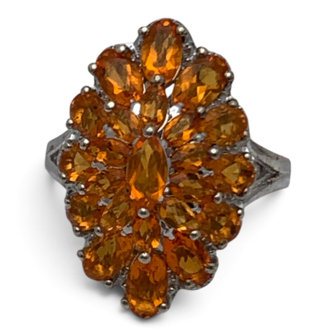 Sterling Silver Ring With Orange Stones: Sterling Silver Ring Featuring A Cluster Of Orange Gemstones Marked: 925 - Size 5 - 5.8 Grams
