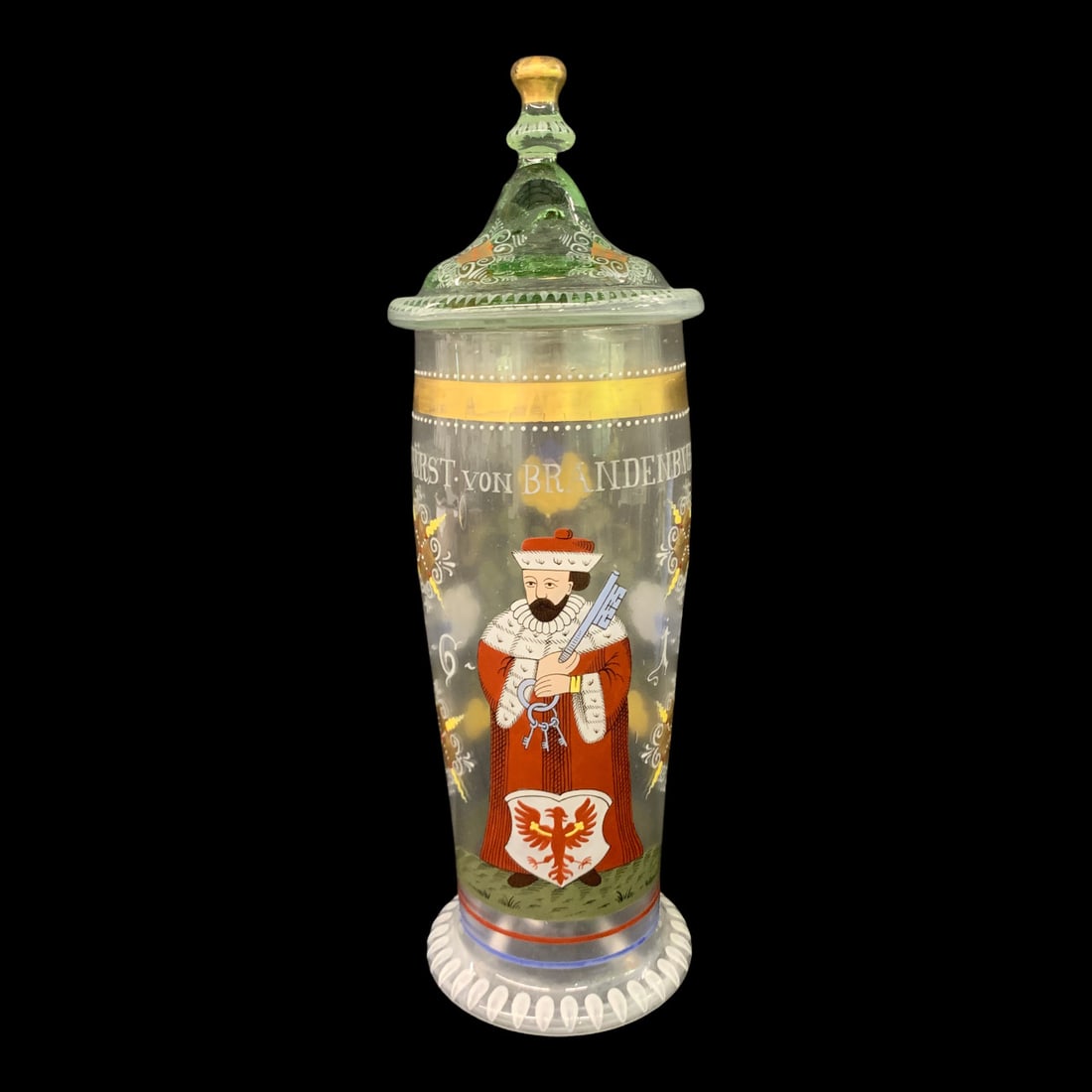 Fritz Heckert Enameled Glass Humpen: Fritz Heckert Enameled Glass Humpen Featuring A Historical Depiction Of The Elector Of Brandenburg12" Tall