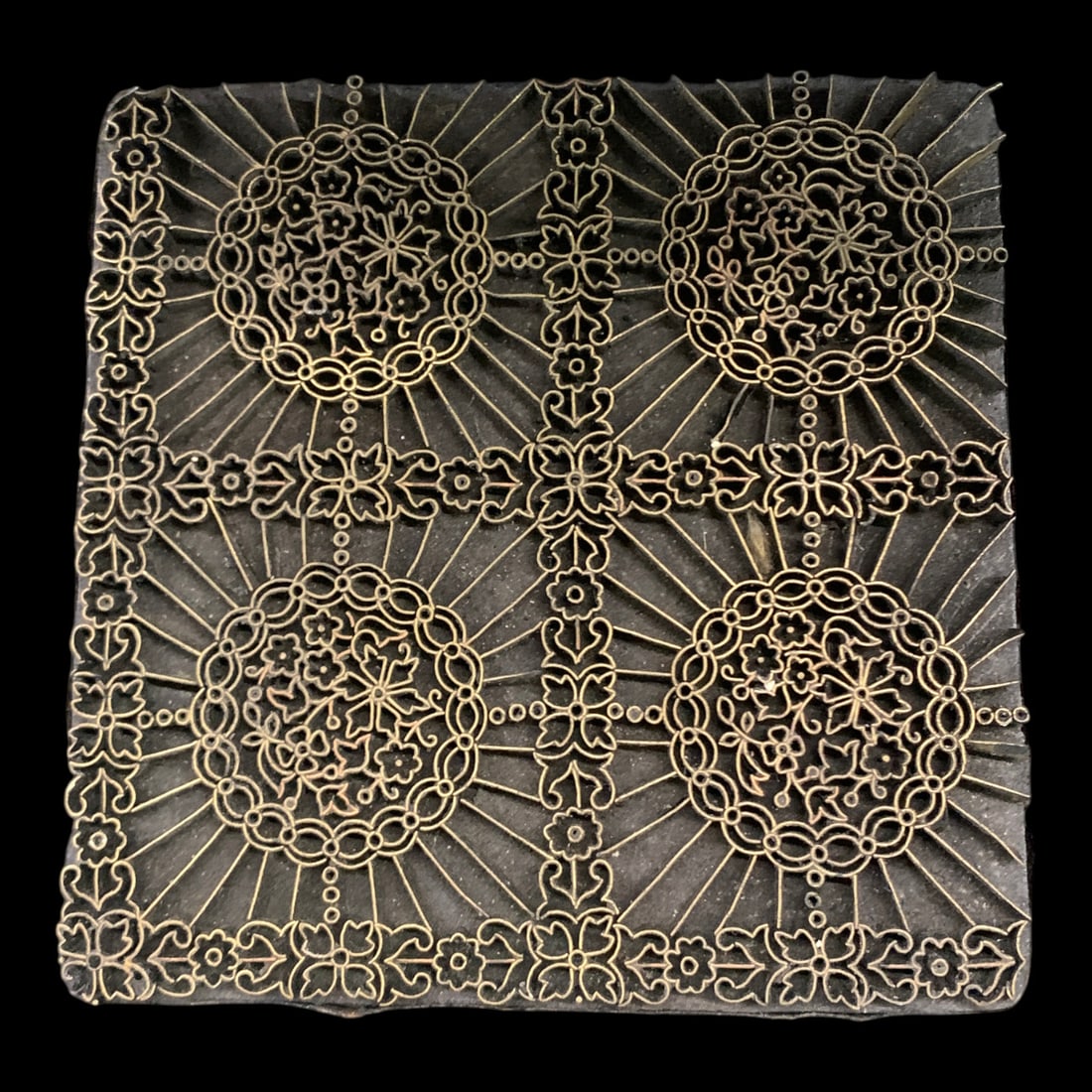 Antique Hand-crafted Printing Block: Antique Hand-crafted Printing Block Featuring An Intricate Inlaid Metal-pin Patterns Mounted On A Wooden Base With A Rear Handle 6 1/4 X 6 1/4"