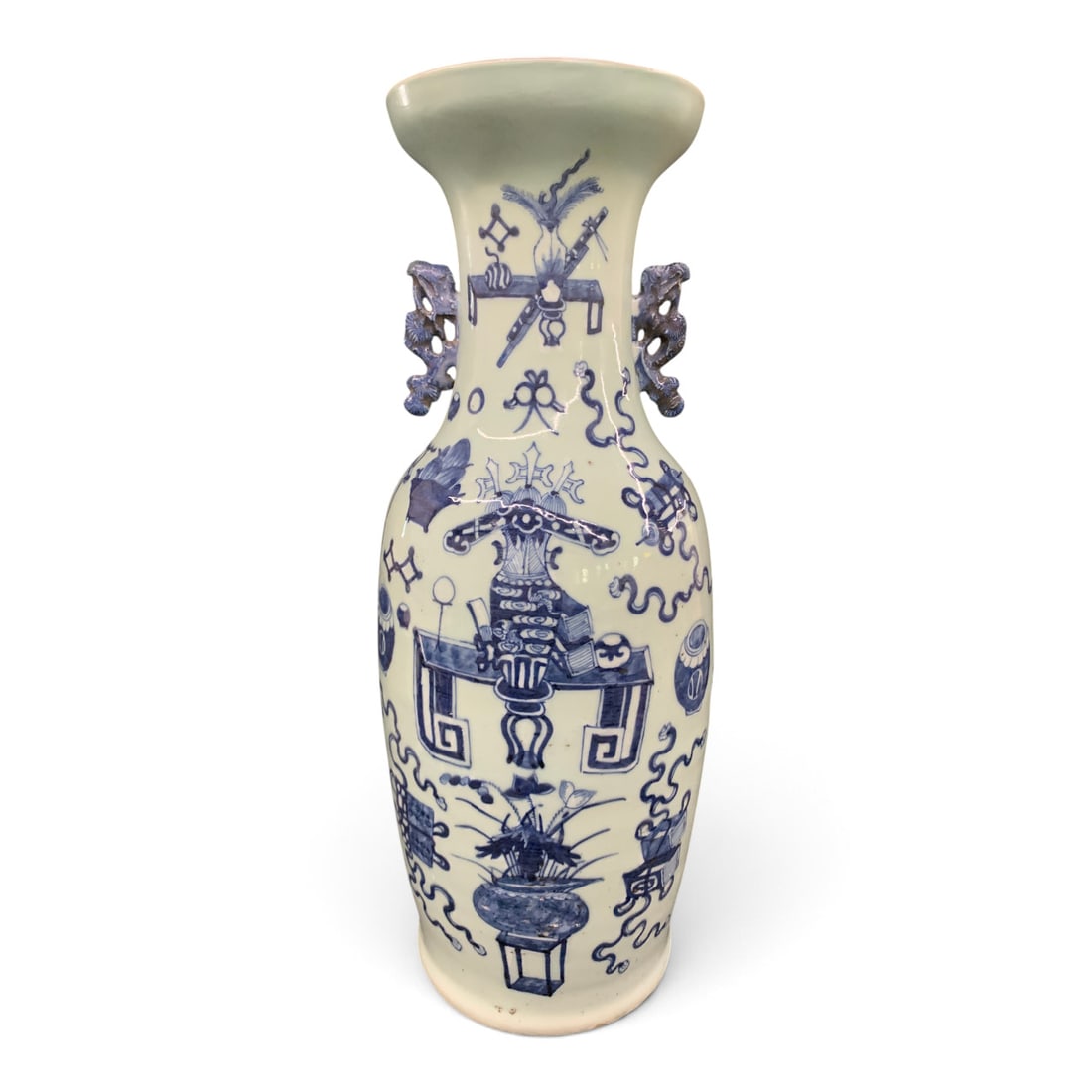 Vintage Chinese Porcelain Vase: Vintage Chinese Porcelain Vase Featuring A Tinted Glaze With Underglaze Blue "antiquities" Motif And Molded Handles23 3/4" Tall