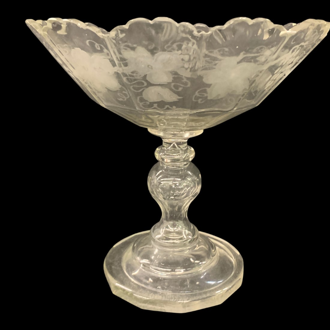 Antique Stiegel-type Glass Etched Compote Bowl: Antique Stiegel-type Glass Pedestal Compote Bowl Featuring A Copper Wheel Engraved Design 8" Tall
