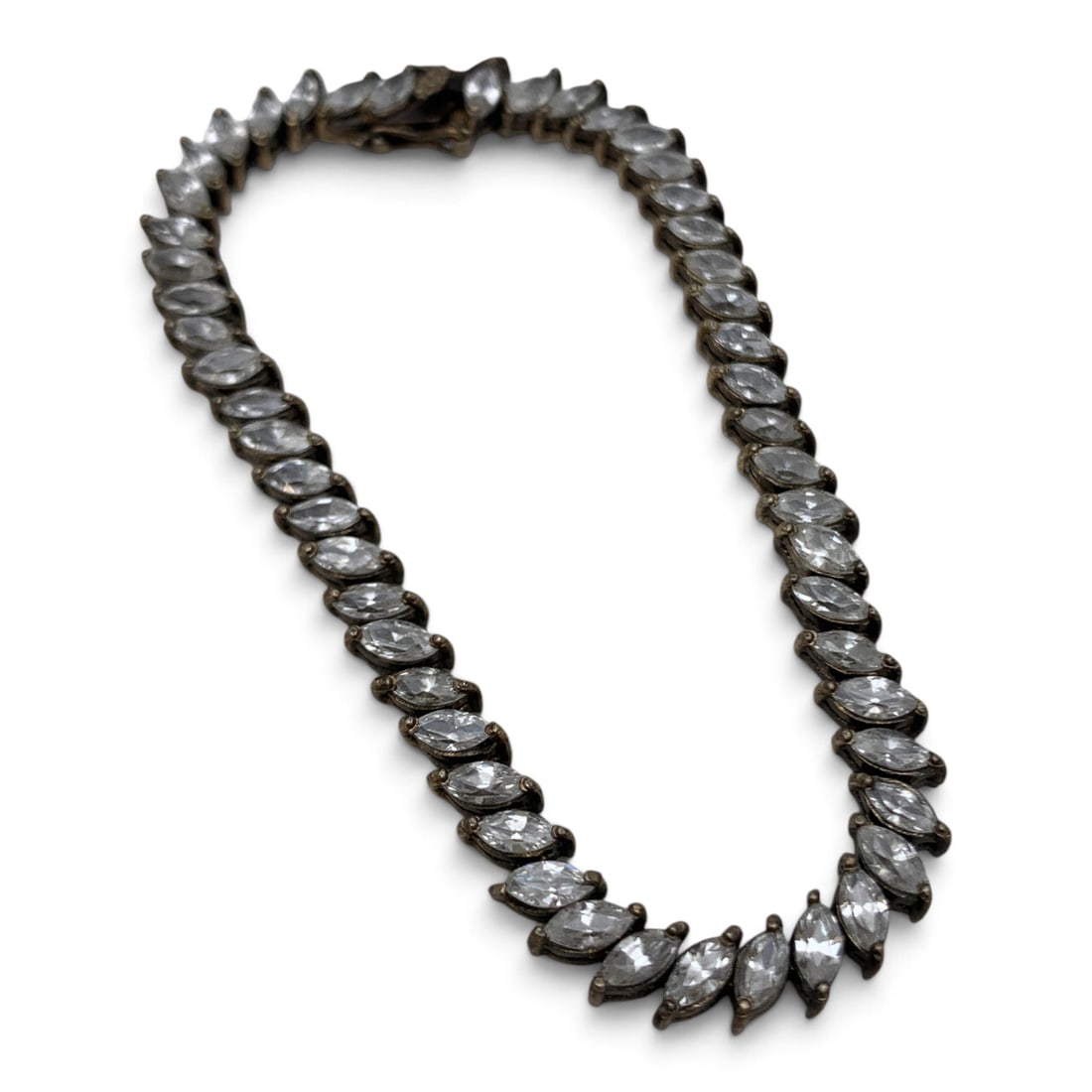 Vintage Sterling Silver Bracelet With Clear Stones: Vintage Sterling Silver Bracelet Featuring Clear Marquise Cut StonesMarked: 925 - 7 1/2" Long - 12.3 Grams Primary Clasp Is Loose