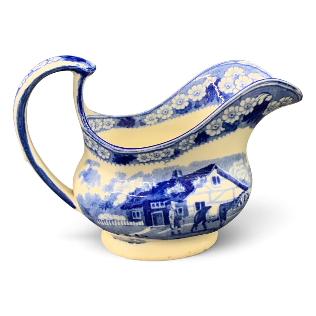 Vintage Earthenware Transferware Creamer: Vintage Earthenware Creamer Featuring A Blue And White Transferware Design 4 1/2" Tall