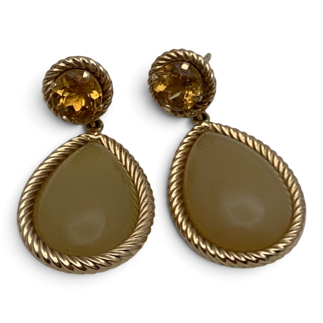 Pair Of 14k Gold Citrine & Green Stone Earrings: Pair Of 14k Yellow Gold Earrings Featuring A Round Cut Orange Citrine Gemstone & A Green Teardrop Shaped Stone Marked: 14k - 1 1/4" Long - 2.9 DwtGemstones Tested With Presidium Gem Tester Il -