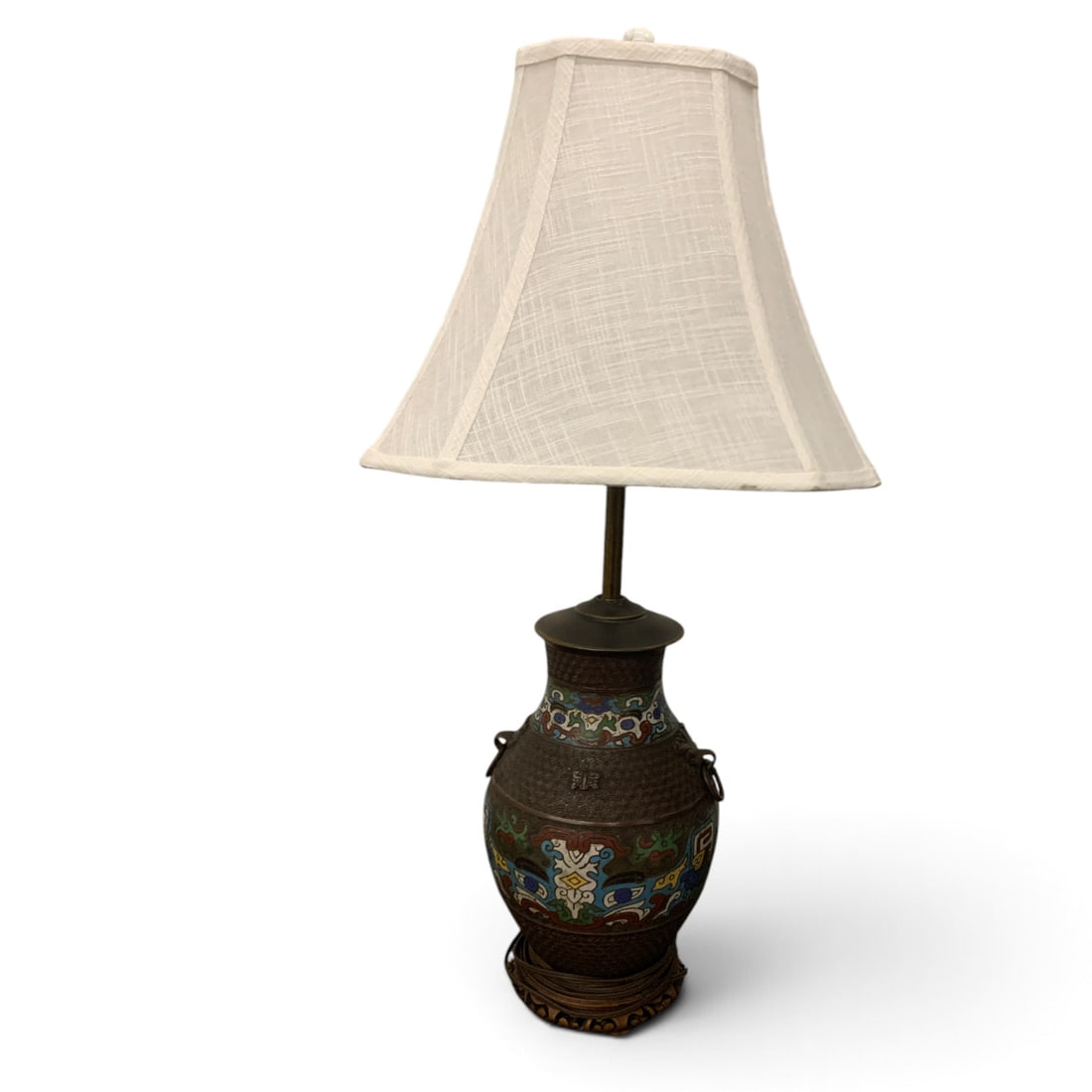 Vintage Asian Cloisonne Vase Lamp: Vintage Asian Cloisonne Vase Lamp Featuring A Bulbous Body With Ring Handles And A Carved Wooden Base30" Tall