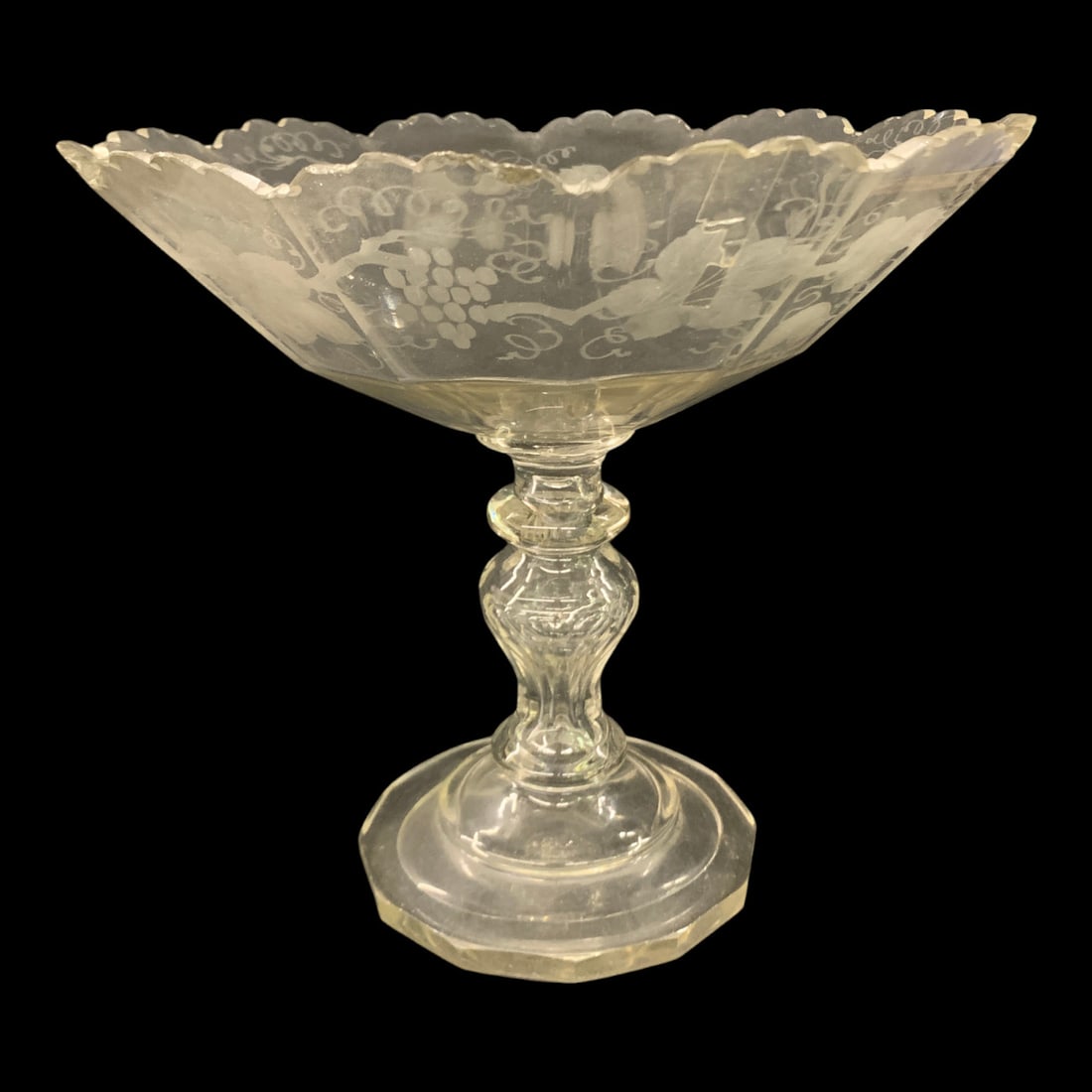 Antique Stiegel-type Glass Etched Compote Bowl: Antique Stiegel-type Glass Pedestal Compote Bowl Featuring A Copper Wheel Engraved Design 8 1/2" Tall