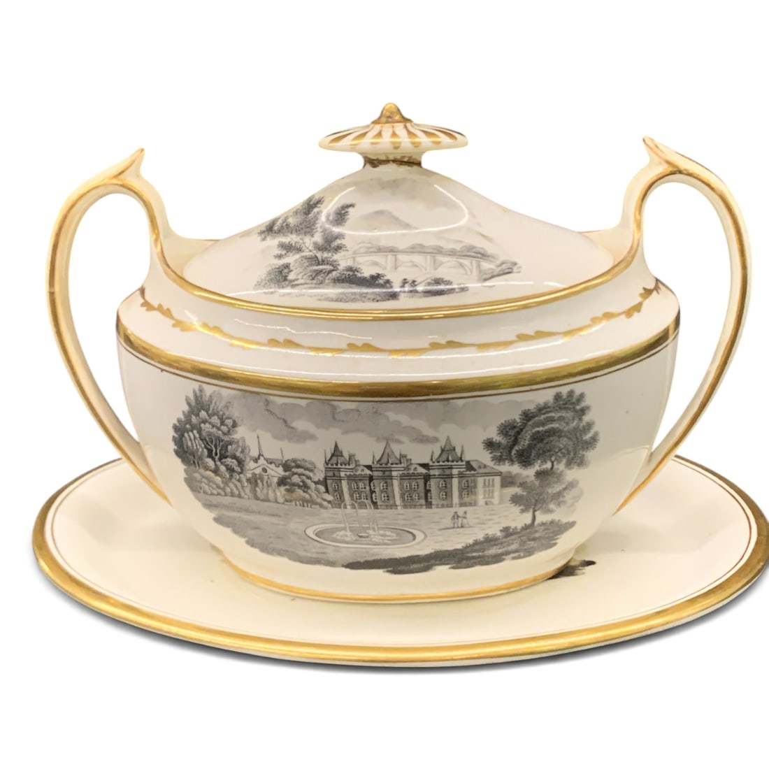 19th-century Porcelain Sugar Bowl & Underplare: Lidded Double-handled Porcelain Sugar Bowl And Matching Underplate Featuring Fine Black And Grey Lanscape Transfers8" Diameter - 6" Tall