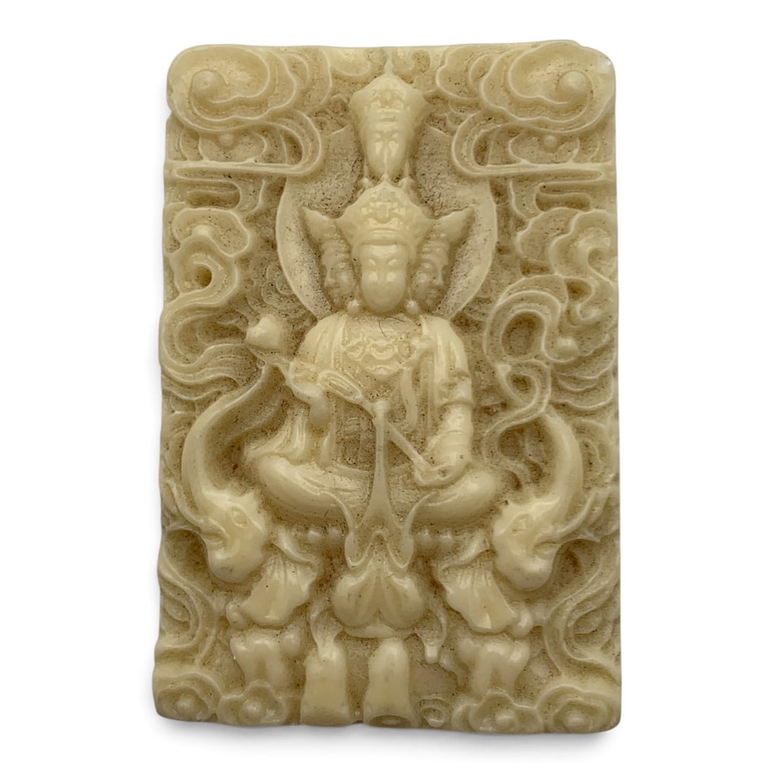 Carved Bone Plaque: Bone Plaque Featuring Intricate Hand Carved Design Of A Figure Sitting 2 1/8" Long