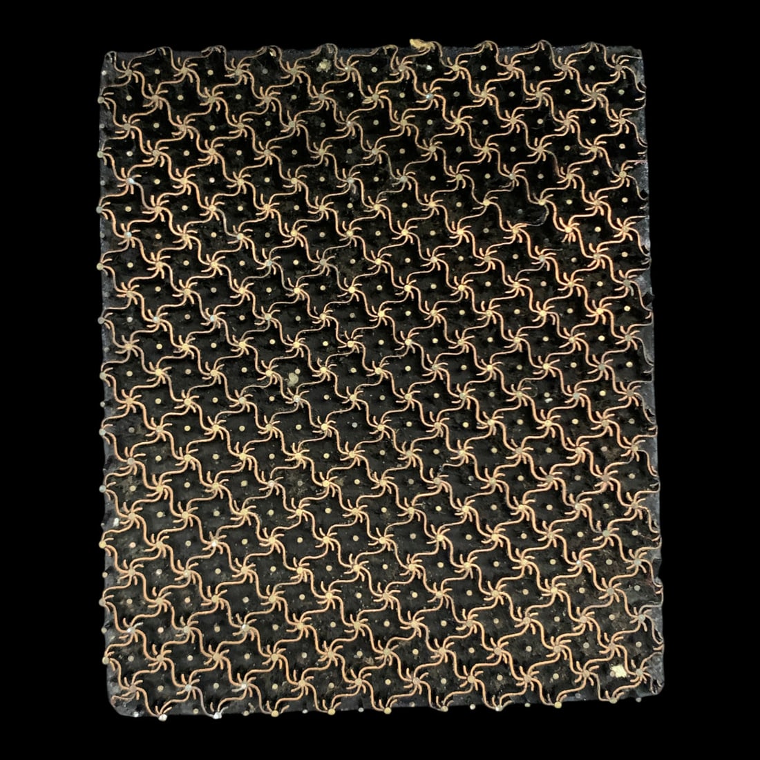 Antique Hand-crafted Printing Block: Antique Hand-crafted Printing Block Featuring An Intricate Inlaid Metal-pin Patterns Mounted On A Wooden Base With A Rear Handle 5 1/8" X 6 1/8"