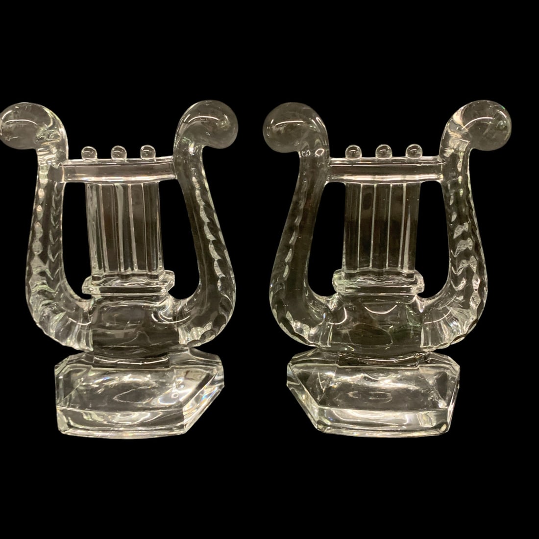 Pair Of Molded Glass Lyre Bookends: Pair Of Molded Clear Glass Bookends In The Design Of A Lyre Instrument 7 1/2" Tall