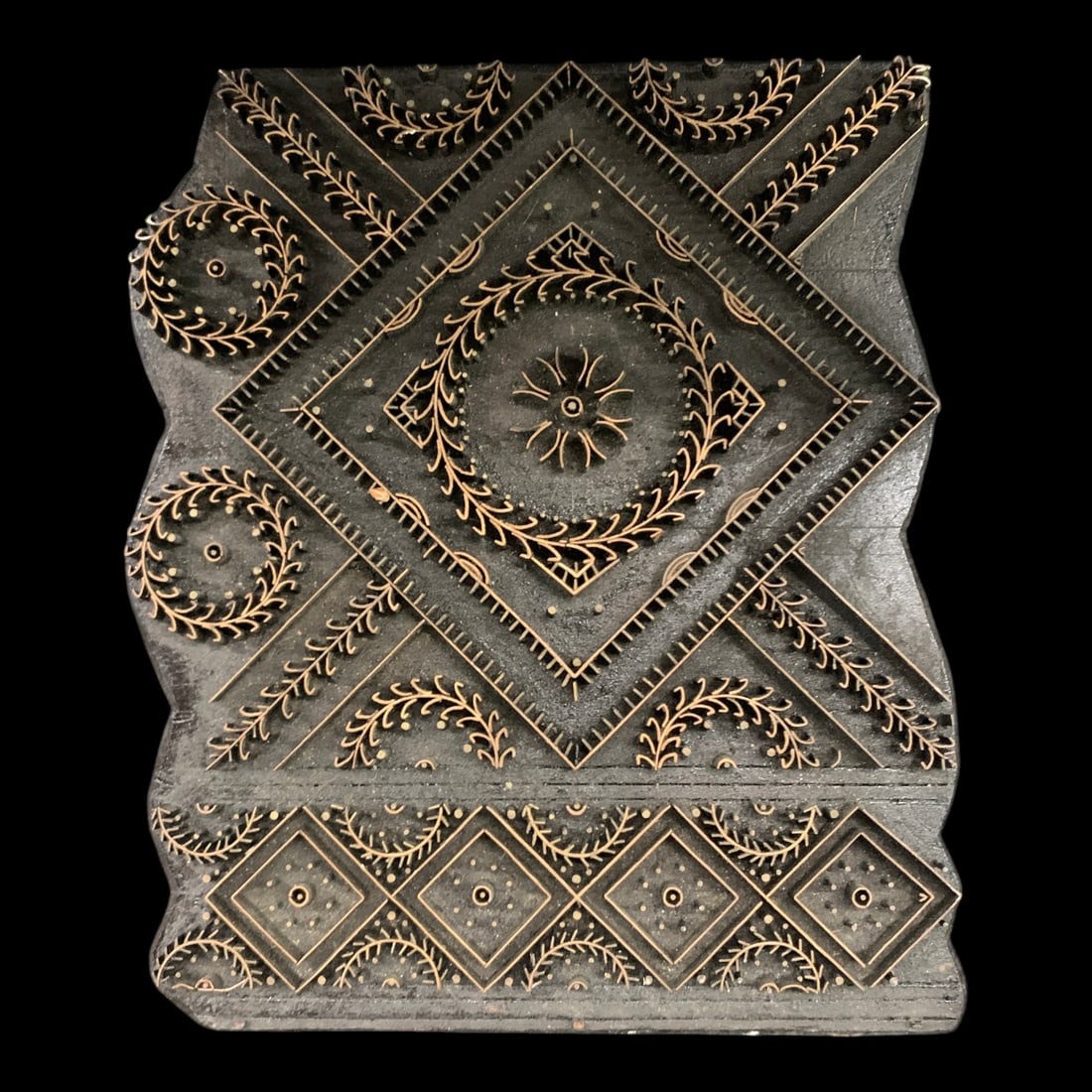 Antique Hand-crafted Printing Block: Antique Hand-crafted Printing Block Featuring An Intricate Inlaid Metal-pin Patterns Mounted On A Wooden Base With A Rear Handle 6 3/4" X 8"
