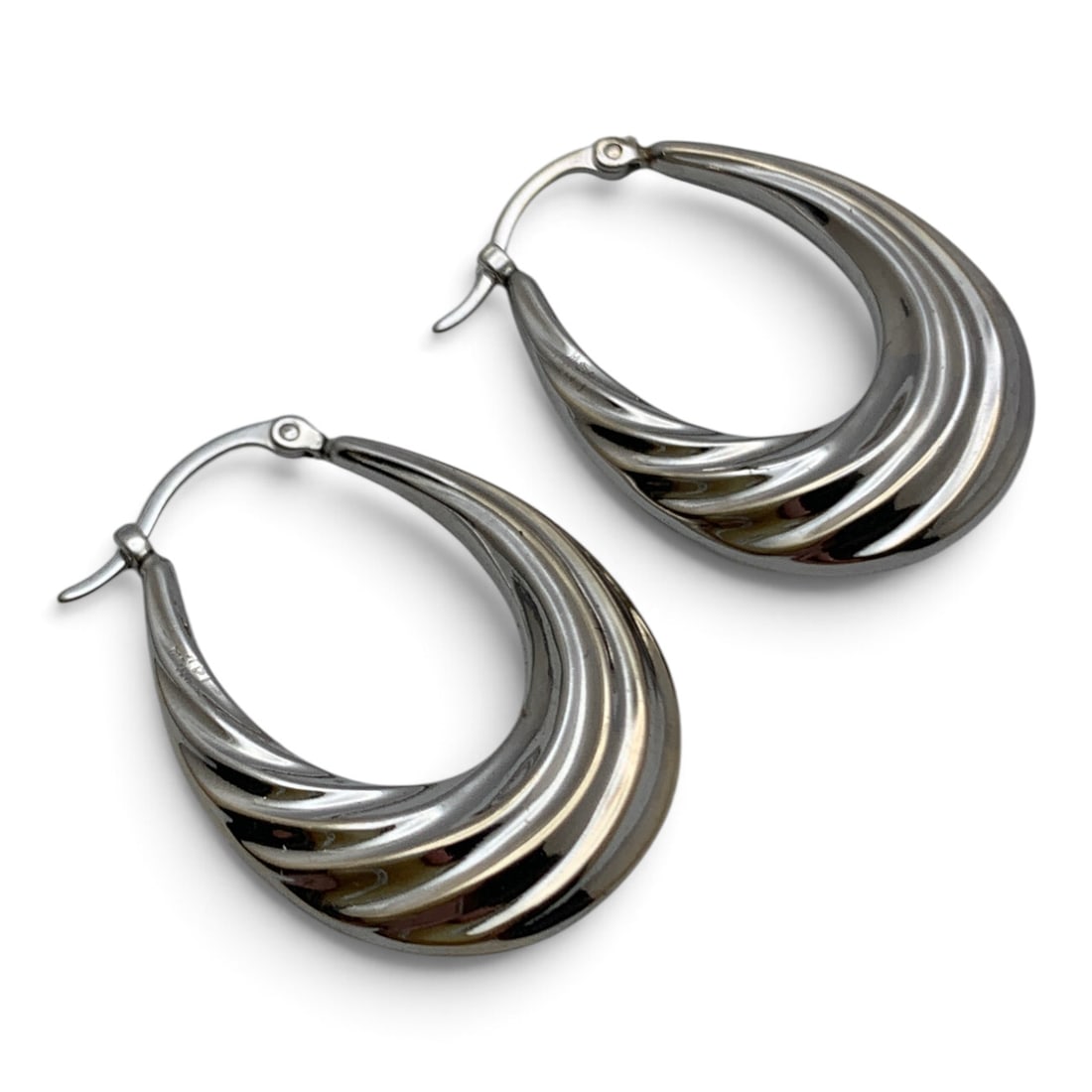 Pair Of 14k White Gold Hoop Earrings: Pair Of 14k White Gold Hoop Earrings With A Textured Design Marked: 14k - 1" Long - 1.4 Dwt