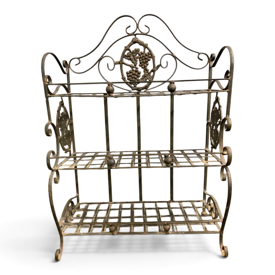 Vintage Three-tier Wrought Iron Rack: Vintage Three-tier Wrought Iron Rack Featuring An Ornate Grape And Vine Scrollwork Arch26 1/2" Tall. 18 1/2" Wide