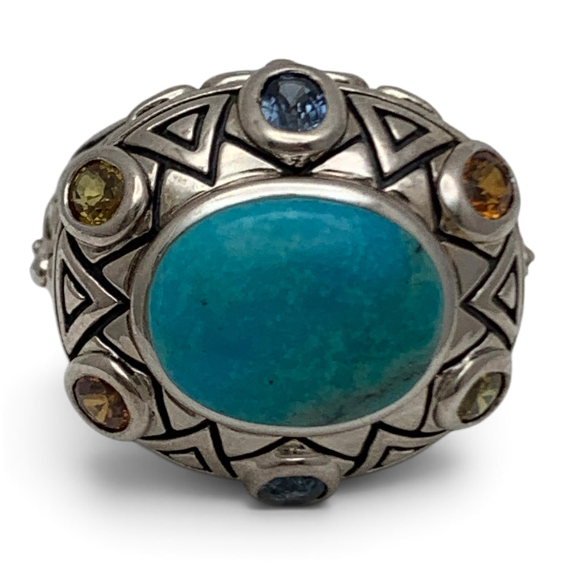 Sterling Silver Ring With Precious Stones: Sterling Silver Ring Featuring A Center Set Turquoise Ring Surrounded By Precious Gemstones Marked: 925 - Size 6 - 12.0 Grams