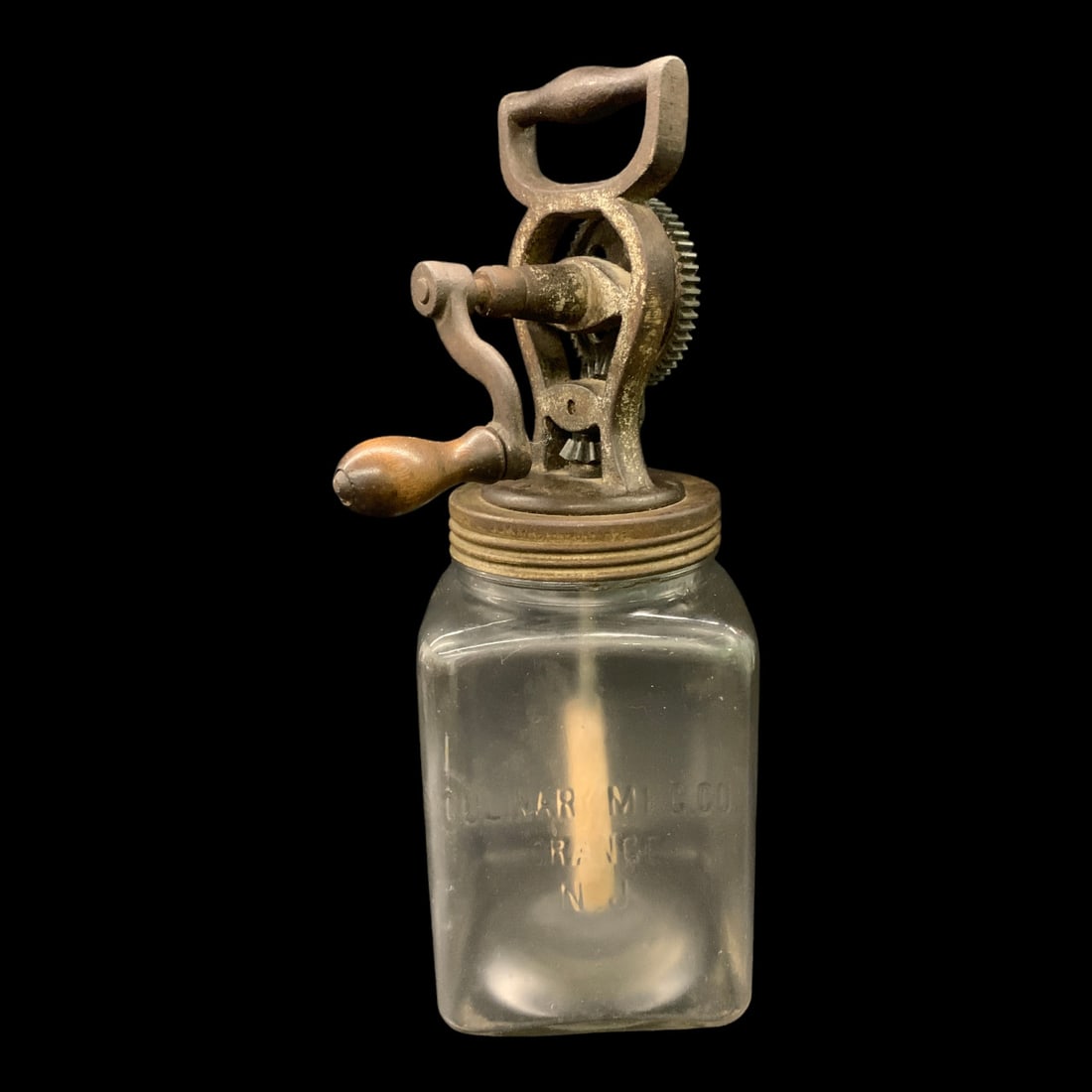 Vintage Dazey Glass Butter Churn: Vintage Dazey Butter Churn Featuring A Square Clear Glass Jar, A Metal Hand-crank Gear Lid And A Wooden Handle Marked On Glass: Culinary Mfg. Co. Orange N.j.13 1/2" Tall