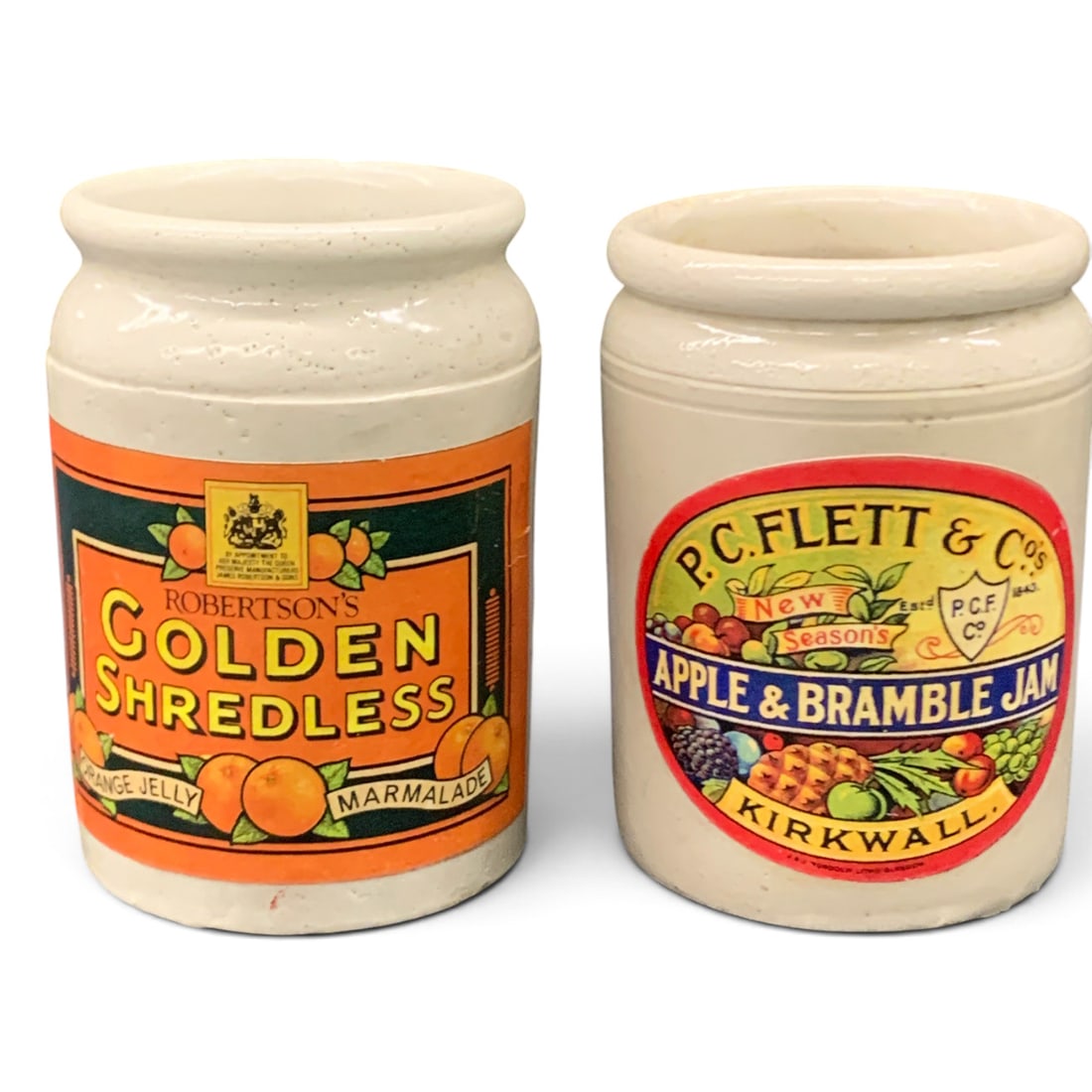 2 Vintage Stoneware Advertising Jars: 2 Vintage Stoneware Advertising Jars 5 1/4" & 5 1/2" TallOne Jar Shows Chipping Along Rim - See Photos