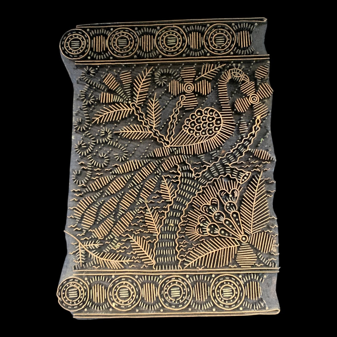 Antique Hand-crafted Printing Block: Antique Hand-crafted Printing Block Featuring An Intricate Inlaid Metal-pin Patterns Mounted On A Wooden Base With A Rear Handle 5 1/2" X 7 5/8"