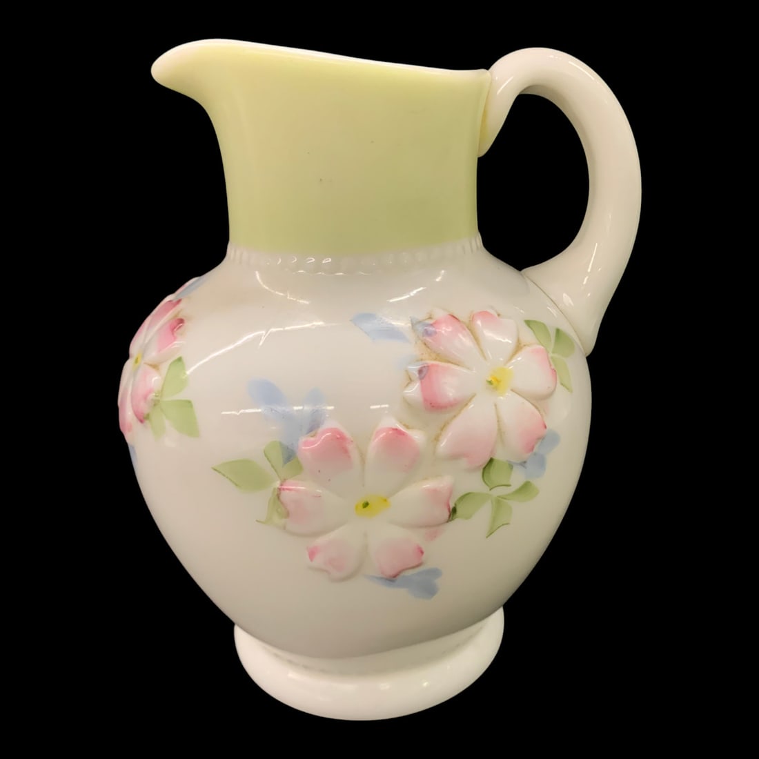Vintage Milk Glass Pitcher: Vintage Milk Glass Pitcher Featuring Hand Painted Pink Floral Motifs8 1/2" Tall