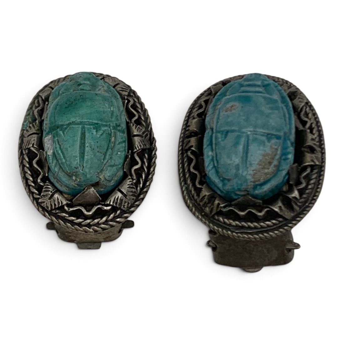 Pair Of Vintage Silver & Carved Scarab Earring: Pair Of Vintage Silver Clip Earrings Featuring A Carved Green Scarab Tests Silver - 7/8" Long - 10.1 Grams
