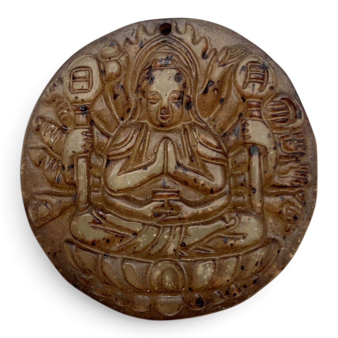 Vintage Carved Jade Pendant: Vintage Jade Pendant Featuring An Intricate Carving Of A Seated Deity1 7/8" Long