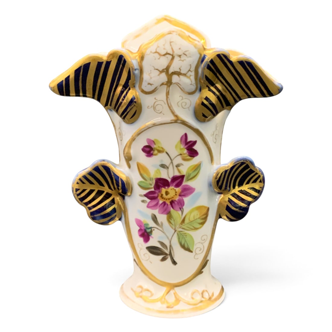 Antique French Old Paris Porcelain Spill Vase: Antique French Old Paris Porcelain Spill Vase Featuring Hand Painted Purple Floral Mefallions And Orante Gold Gilding6" Tall