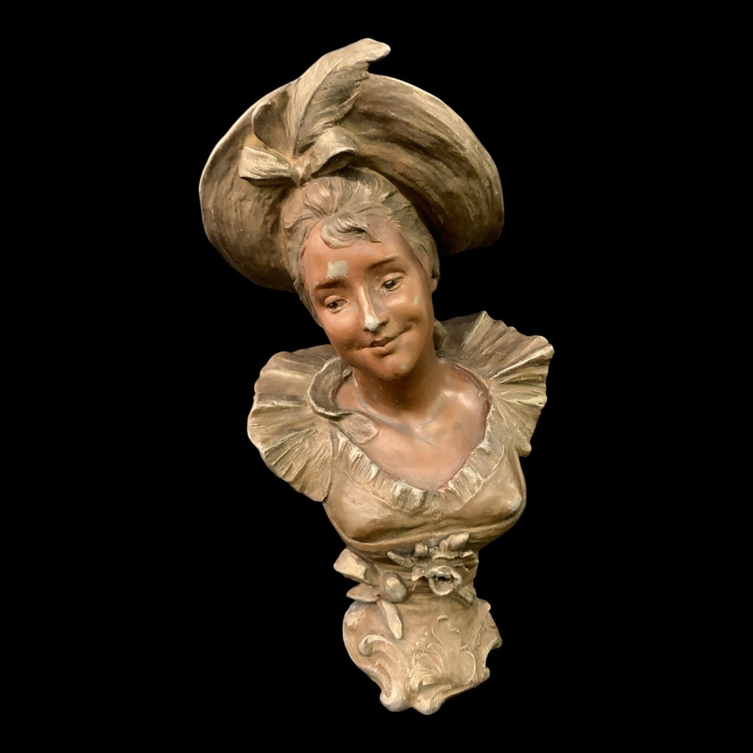 H. Leveseur Art Nouveau Mixed Metal Sculpture: Signed H. Leveseur Art Nouveau Mixed Metal Female BustSinged On Back: H. Leveseur 14 1/2" Tall