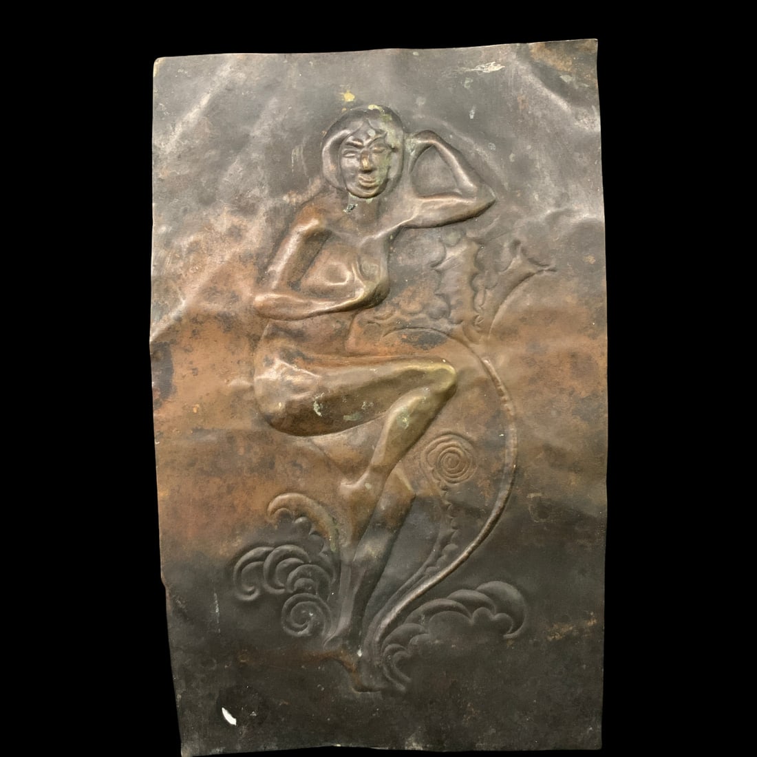 Vintage Embossed Copper Relief Wall Plaque: Vintage Embossed Copper Relief Wall Plaque Featuring A Stylized Female Figure6" X 9 3/4"