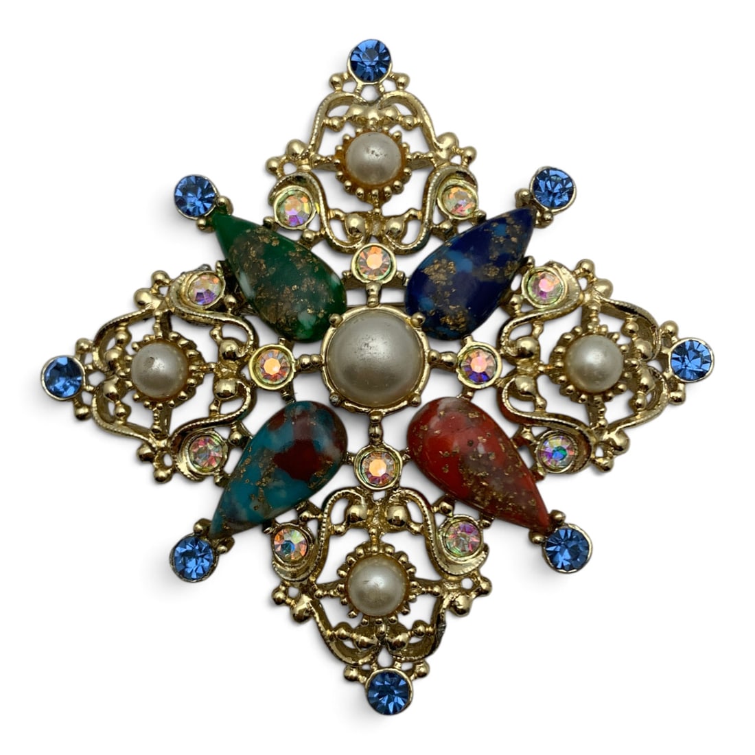 Signed Sarah Cov Gold Tone Fashion Brooch: Signed Sara Cov Gold Tone Fashion Bracelet Featuring Rhinestones, Colored Stones And Faux PearlsMarked: Sarah Cov - 2 1/2" Long