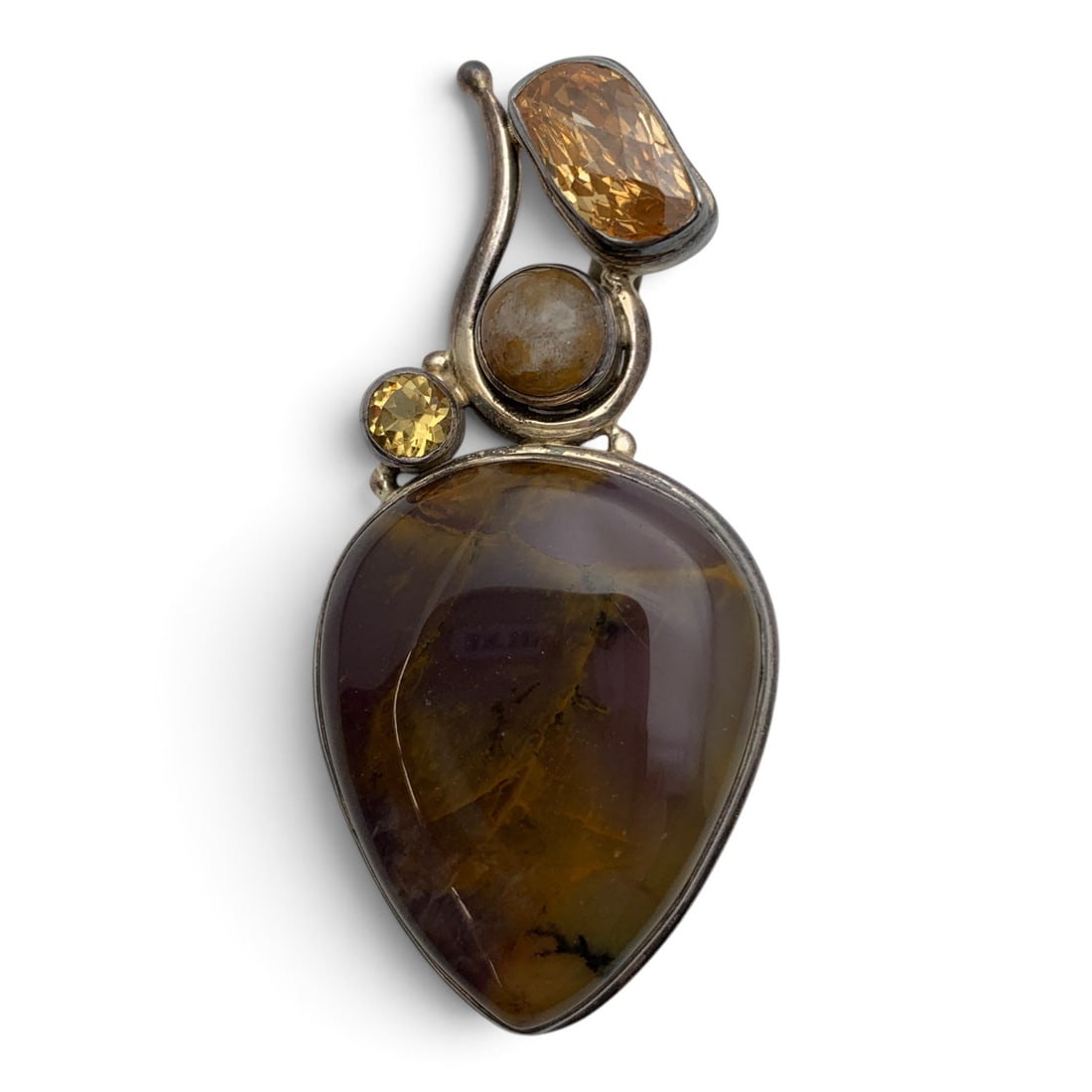Sterling Silver & Natural Stone Pendant: Large Sterling Silver Pendant Featuring Two Natural Stones And Two Yellow Gold Gemstones Marked: 925 - 2 5/8" Long - 33.8 Grams