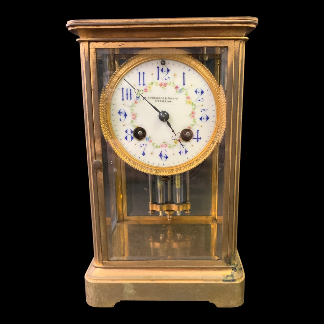Antique E P. Roberts & Sons Brass Mantel Clock: Antique E P. Roberts & Sons Brass & Beveled Glass Mantel Clock Featuring A Decorated Porcelain Dial With Floral GarlandsMarked On Face: E P. Roberts & Sons Inc. Marked On Back: H & H, 1592 4.1, Made