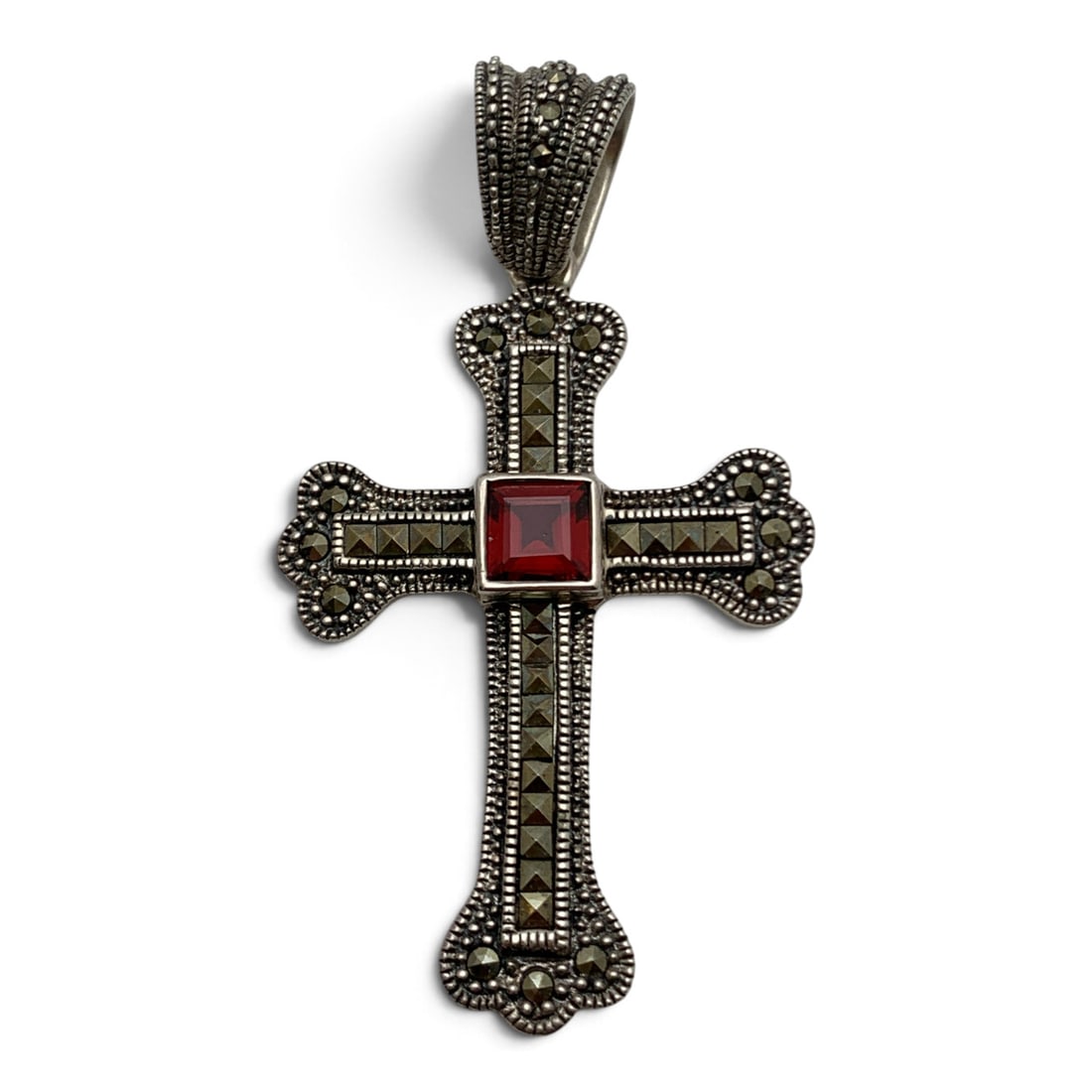 Sterling Cross Pendant W Red & Marcasite Stones: Sterling Silver Cross Pendant Featuring A Center Set Garnet Stone Surrounded By Marcasite Stones Marked: 925 - 2 1/2" Long - 12.1 Grams