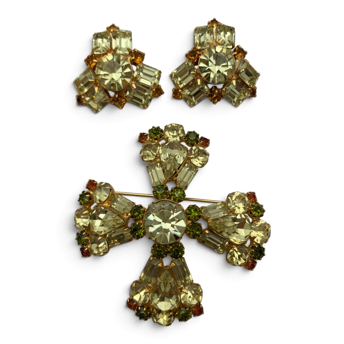 3 Designer Rhinestone Fashion Jewelry Pieces: 3 Vintage Designer Fashion Pieces Including One Brooch Featuring Green Rhinestones Signed Weiss And One Pair Of Clip Earrings Featuring Rhinestones Signed KramerBrooch: 2" LongEarrings: 1 1/8" Long