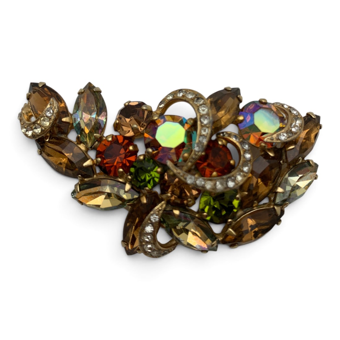 Vintage Kramer Rhinestone Fashion Brooch: Vintage Gold Tone Fashion Brooch Featuring Colored Rhinestones Signed KramerMarked: Kramer - 2 5/8" Long
