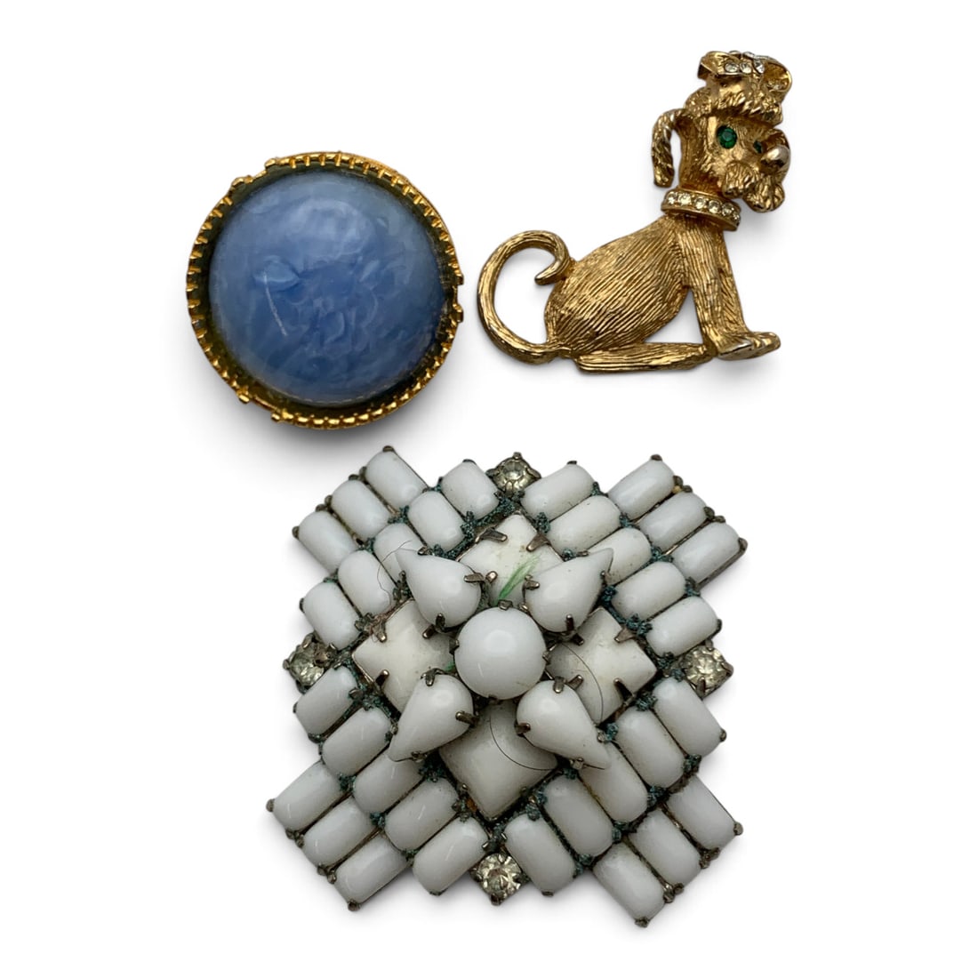 3 Vintage Fashion Brooches: 3 Vintage Fashion Brooches Including One Gold Tone Dog Brooch, One Gold Tone Brooch Featuring A Blue Stone Signed Florenza, And One Silver Tone Brooch Featuring White Stones 1" - 2" Long