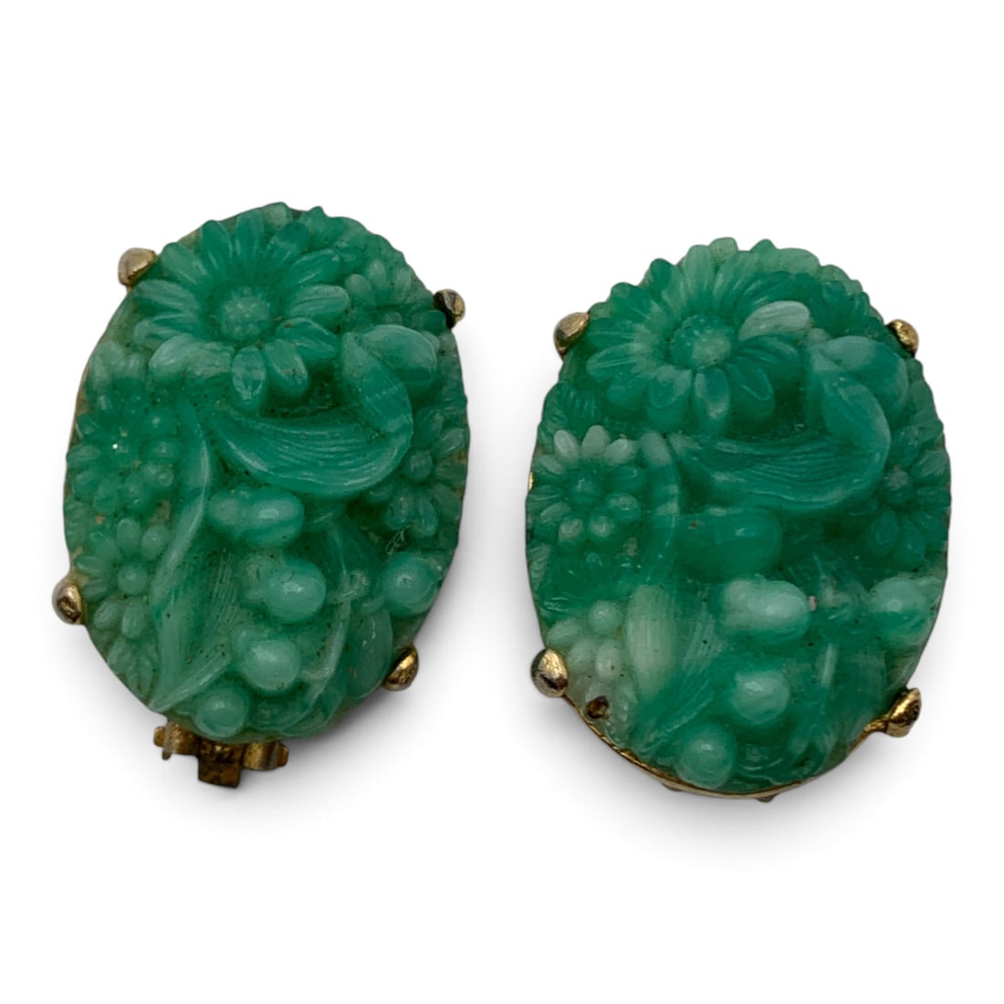 Pair Of Vintage Carved Green Hardstone Earrings: Pair Of Vintage Gold Tone Clip Earrings Featuring Carved Green Hardstone 1 3/8" Long