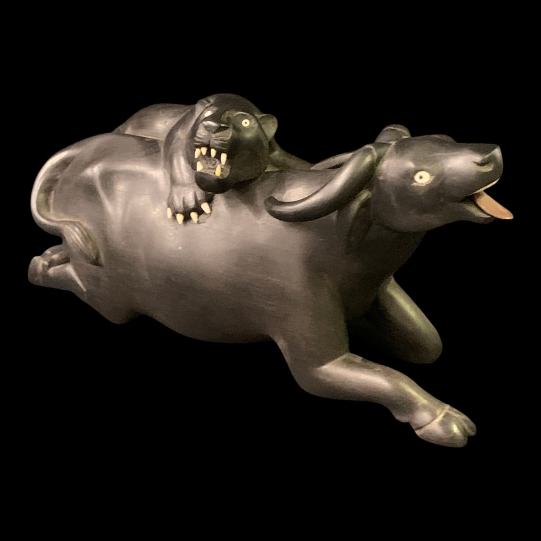 Hand Carved Wooden Sculpture: Hand Carved Wooden Sculpture Of A Water Buffalo With A A Panther On Its Back8 1/2" Long