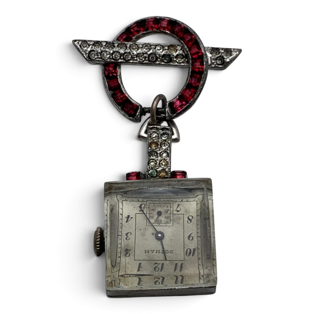 Vintage Gotham Rhinestone Watch Pin: Vintage Gothan Watch On A Pin Featuring Clear & Red Rhinestones Marked On Face: GothamMarked On Back: Base Metal, Stainless2 1/2" Long