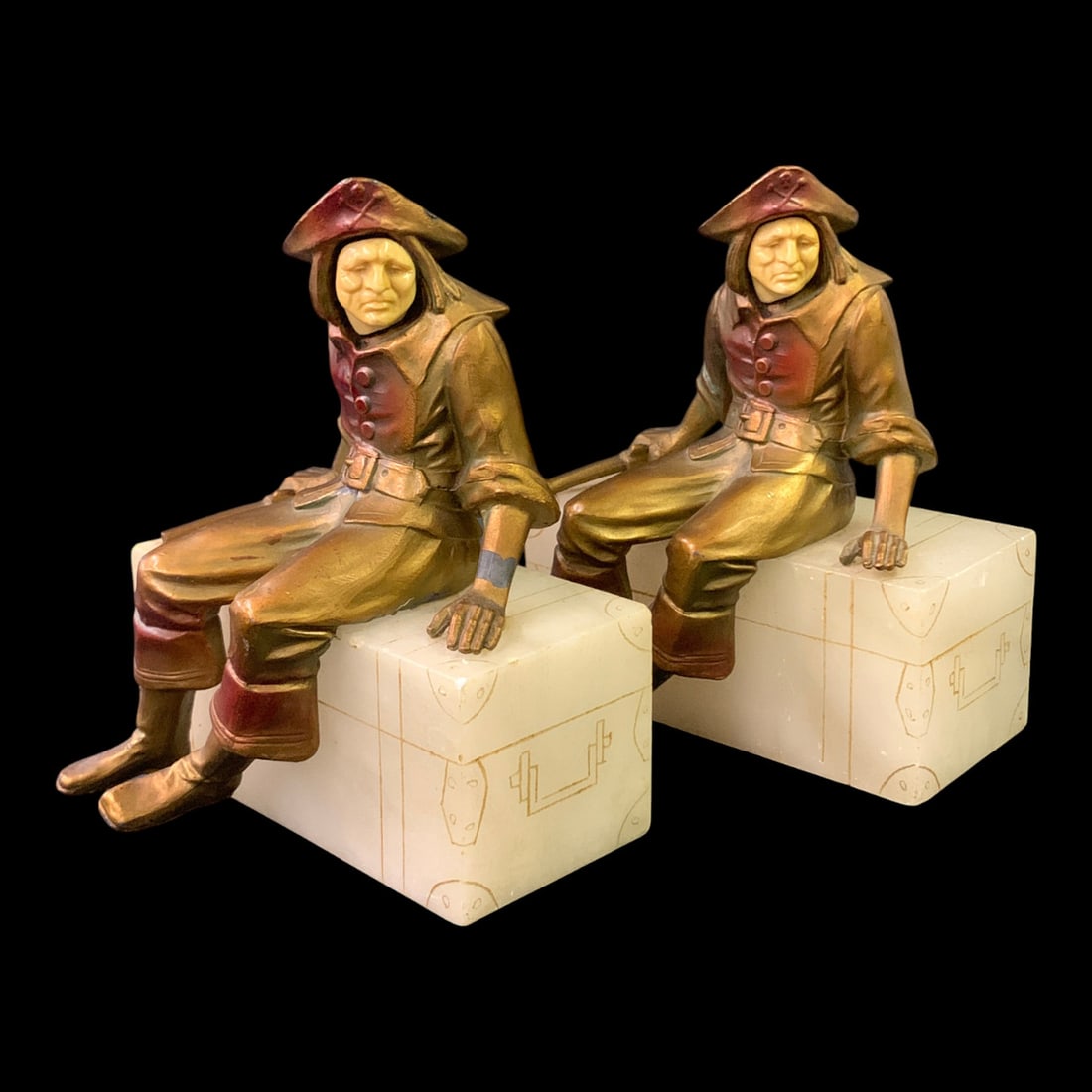 Pair Of Vintage J. B. Hirsch Pirate Figurines: Pair Of Vintage J. B. Hirsch Art Deco Figurines Depicting A Seated Pirate Holding A Weapon Mounted On A Stone BaseMarked On Bottom: 813, Jtaly, 5 G - 6 3/4" Tall