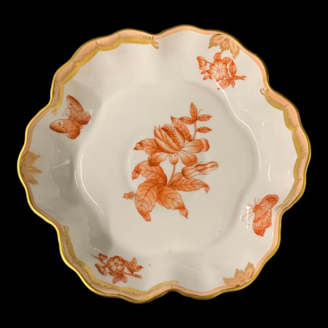 Herend Porcelain Fortuna Rust Dish: Herend Porcelain Fortuna Rust Dish Featuring Orange Floral And Butterfly Motifs With Gold TrimMarked On Back: Handpainted, Herend Hungary,5 1/2" Diameter