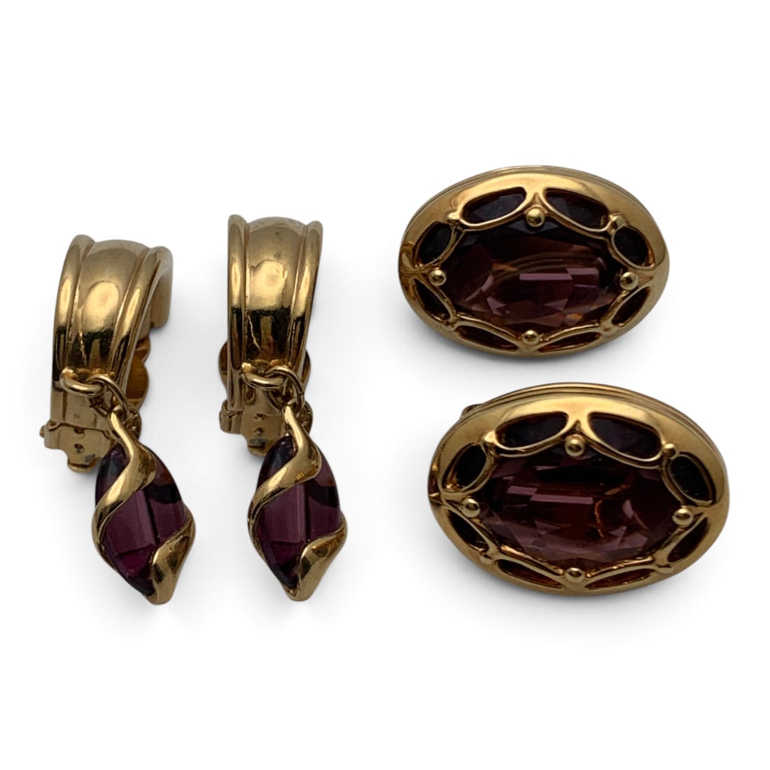 2 Pairs Of Gold Tone Purple Stone Earrings: 2 Pairs Of Gold Tone Fashion Earrings Featuring Purple Glass Stones 1" & 1 5/8" Long
