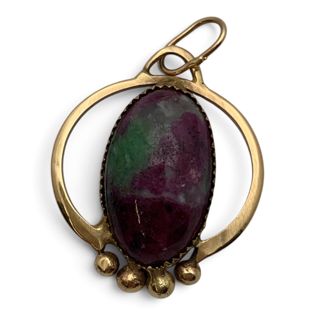 Vintage 14k Yellow Gold & Stone Pendant: Vintage 14k Yellow Gold Pendant Featuring A Tri Color Purple, White & Green Stone Tests 14k - 1 3/8" Long - 4.2 Dwt